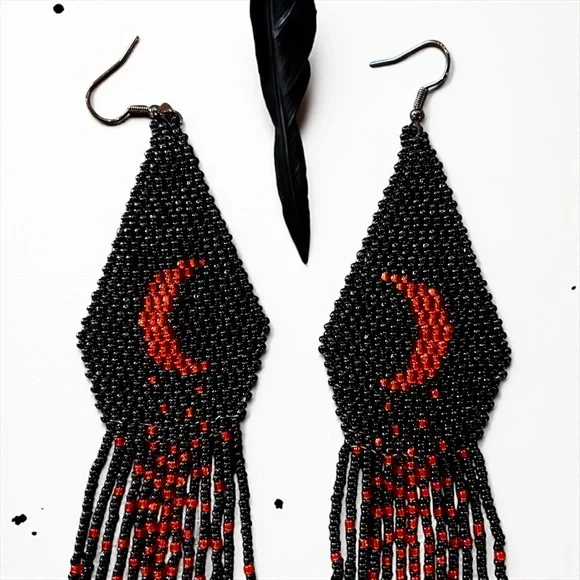 Hand Beaded Black/Red Extra Long Boho Crescent Moon Earrings - Picture 3 of 16